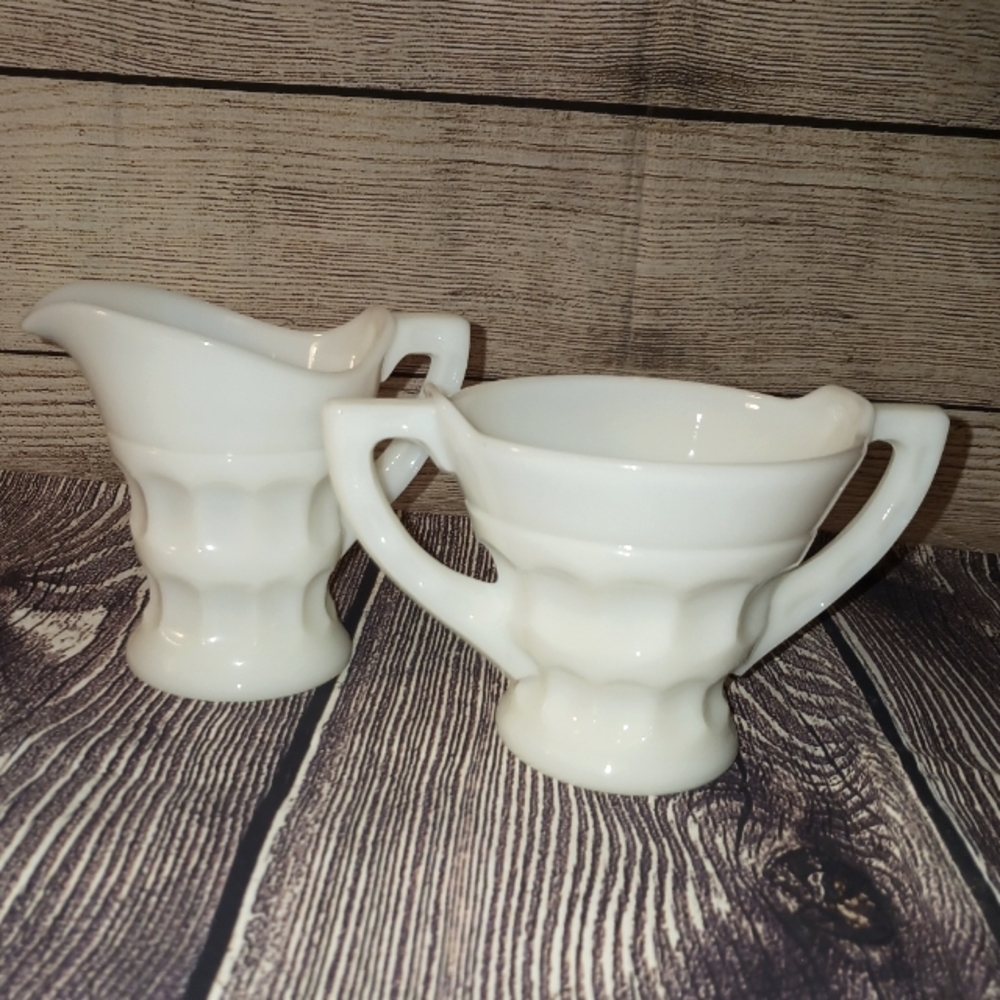 CAMBRIDGE HEIRLOOM Milk Glass Creamer & Open Sugar, Pressed Milk Glass